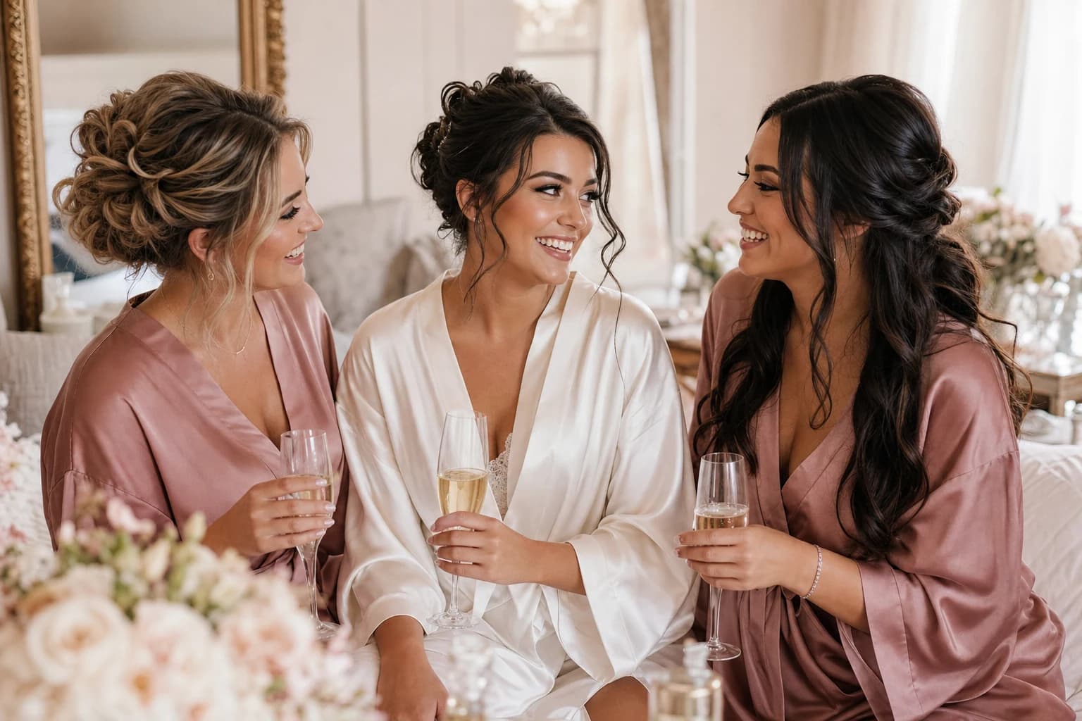 Development editorial image of a bride and wedding party getting ready